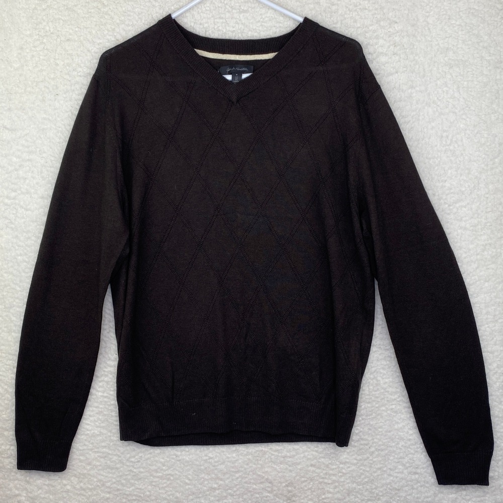 John W Nordstrom Mens Brown Silk Cashmere V-Neck Diamond Knit Sweater Size M